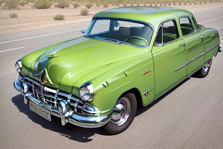 RAW photo(fine-details:1.3)of a HudsonHornet, a dark green car driving in the arizona desert near gas station, ((High Angle Shot, Quarter Turn Camera Staging, From Front, From Side)), Realism,