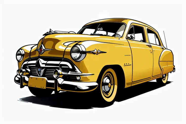 (inked original-art:1.2), (lineart:1.31), (fine-details:1.3) illustration of a HudsonHornet, a yellow car driving around los angeles in the 1950s