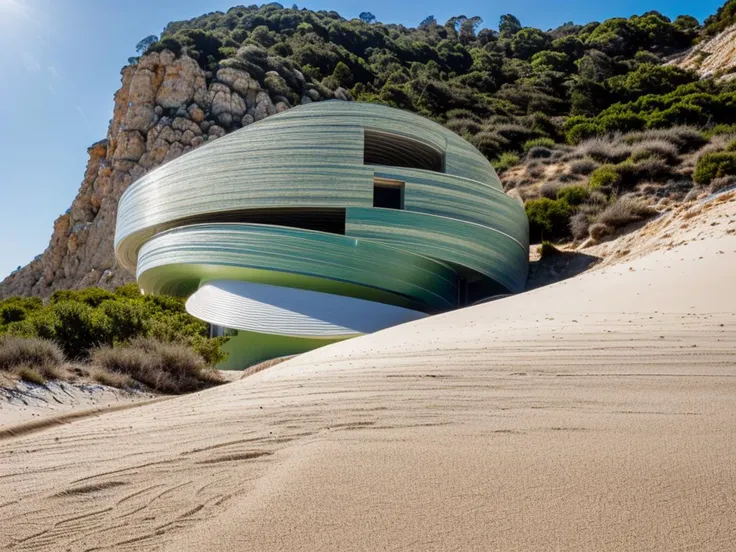 RAW photo, (biomorphic museum building from outside), ((frontal elevation)), (lime stone), (olive-green aluminum), curvilinear, curved edges, Mediterranean sea environment, white sky, (diffused light:1.3) <lora:MIR-v3:0.6> (white sand), minimalist style, dust particles, architecture photography, hyper realistic, super detailed, 8k, Nikon Z6 Mirrorless Camera, film grain