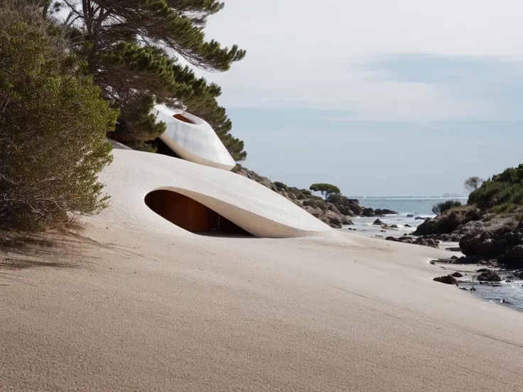 RAW photo, (biomorphic residential building from outside), ((frontal elevation)), (lime stone), curvilinear, curved edges, Mediterranean sea environment, white sky, (diffused light:1.3) <lora:MIR-v3:0.6> (white sand), minimalist style, dust particles, architecture photography, hyper realistic, super detailed, 8k, Nikon Z6 Mirrorless Camera, film grain