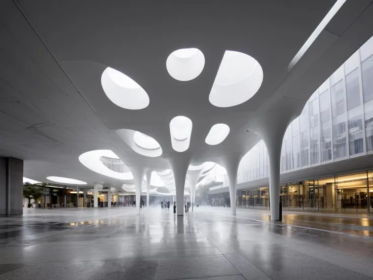 RAW photo, (avant garde building from outside), frontal elevation, curvilinear, white sky, (diffused light:1) <lora:MIR-v3:0.6> (translucent white glass), super reflective metal, biomorphic style, by Gaudi, fog, (warm interior light:1), (open plaza), architecture photography, hyper realistic, super detailed, 8k, Nikon Z6 Mirrorless Camera, film grain