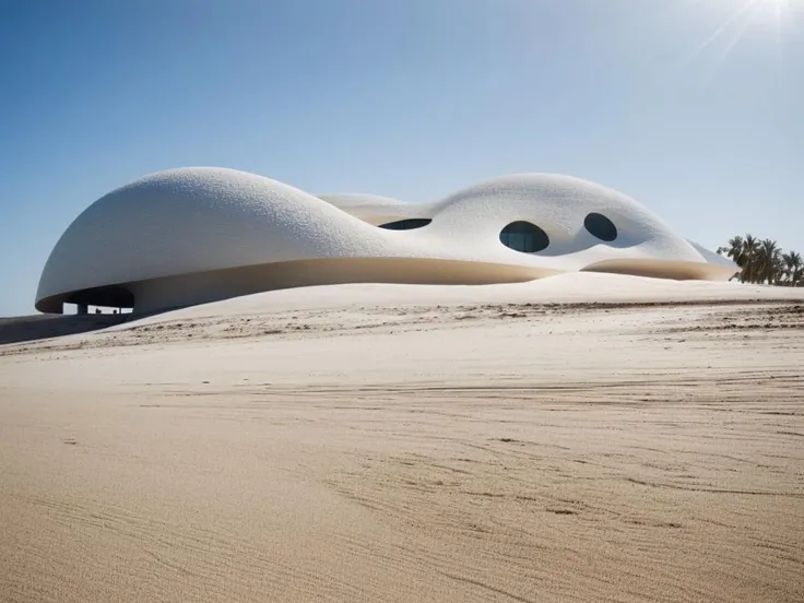 RAW photo, (biomorphic museum building from outside), ((frontal elevation)), (lime stone), curvilinear, curved edges, Mediterranean sea environment, white sky, (diffused light:1.3) <lora:MIR-v3:0.6> (white sand), minimalist style, dust particles, architecture photography, hyper realistic, super detailed, 8k, Nikon Z6 Mirrorless Camera, film grain