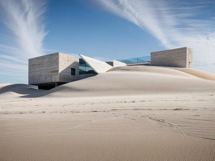 RAW photo, (avant garde residential building from outside), ((frontal elevation)), (lime stone), curvilinear, Mediterranean sea environment, white sky, (diffused light:1.3) <lora:MIR-v3:0.6> (white sand), minimalist style, dust particles, architecture photography, hyper realistic, super detailed, 8k, Nikon Z6 Mirrorless Camera, film grain
