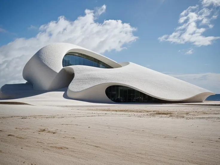 RAW photo, (biomorphic museum building from outside), ((frontal elevation)), (lime stone), curvilinear, curved edges, Mediterranean sea environment, white sky, (diffused light:1.3) <lora:MIR-v3:0.6> (white sand), minimalist style, dust particles, architecture photography, hyper realistic, super detailed, 8k, Nikon Z6 Mirrorless Camera, film grain