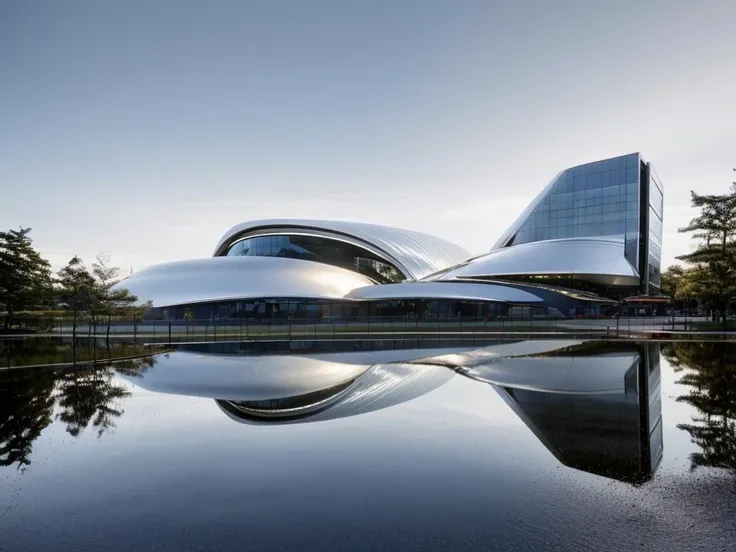 RAW photo, (avant garde building from outside), frontal elevation, curvilinear, white sky, (diffused light:1) <lora:MIR-v3:0.6> (big reflective glass windows), super reflective metal, biomorphic style, by Kengo Kuma, fog, (warm interior light:1), (open plaza with people), architecture photography, hyper realistic, super detailed, 8k, Nikon Z6 Mirrorless Camera, film grain