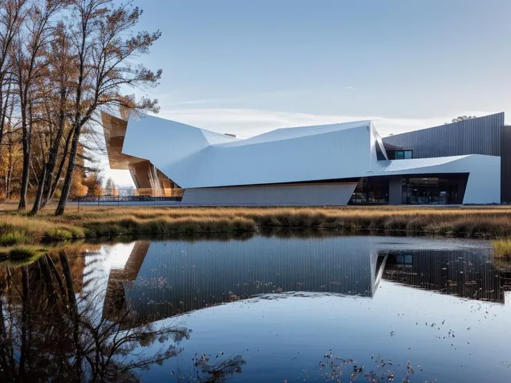 RAW photo, (avant garde building from outside), ((frontal elevation)), (super reflective metal), sculptural masterpiece, white sky, (diffused light:1) <lora:MIR-v3:0.5> (blue windows), contemporary brutalism style, designed by Kengo Kuma, fog, rocky mountain environment, architecture photography, hyper realistic, super detailed, 8k, Nikon Z6 Mirrorless Camera, film grain