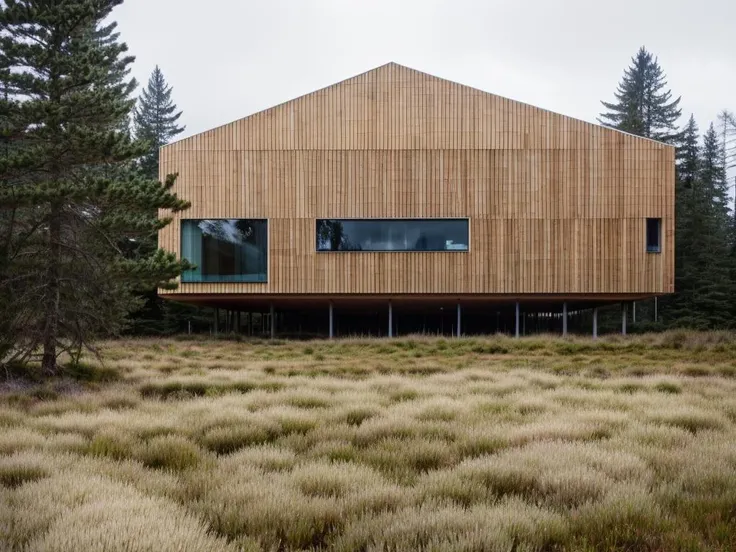 RAW photo, (avant garde building from outside), frontal elevation, (pale wood), sculptural masterpiece, white sky, (diffused light:1) <lora:MIR-v3:0.6> (blind faade), contemporary brutalism style, designed by Kengo Kuma, fog, rocky mountain environment, architecture photography, hyper realistic, super detailed, 8k, Nikon Z6 Mirrorless Camera, film grain