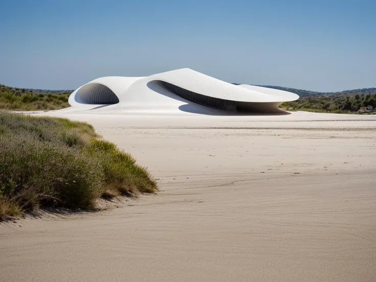 RAW photo, (biomorphic museum building from outside), ((frontal elevation)), (lime stone), curvilinear, curved edges, Mediterranean sea environment, white sky, (diffused light:1.3) <lora:MIR-v3:0.6> (white sand), minimalist style, dust particles, architecture photography, hyper realistic, super detailed, 8k, Nikon Z6 Mirrorless Camera, film grain