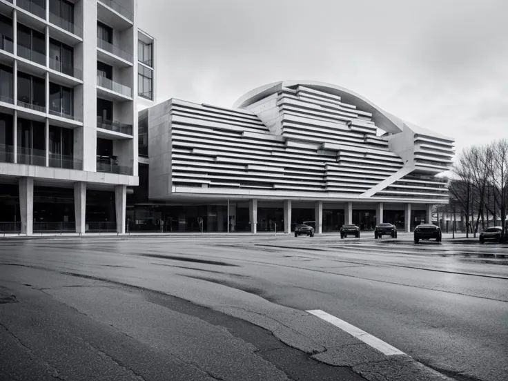RAW photo, (avant garde building from outside), frontal elevation, curvilinear, white sky, (diffused light:1) <lora:MIR-v3:0.6> (translucent white glass), white concrete, contemporary brutalism style, by Gaudi, fog, (warm interior light:1), (open plaza), architecture photography, hyper realistic, super detailed, 8k, Nikon Z6 Mirrorless Camera, film grain