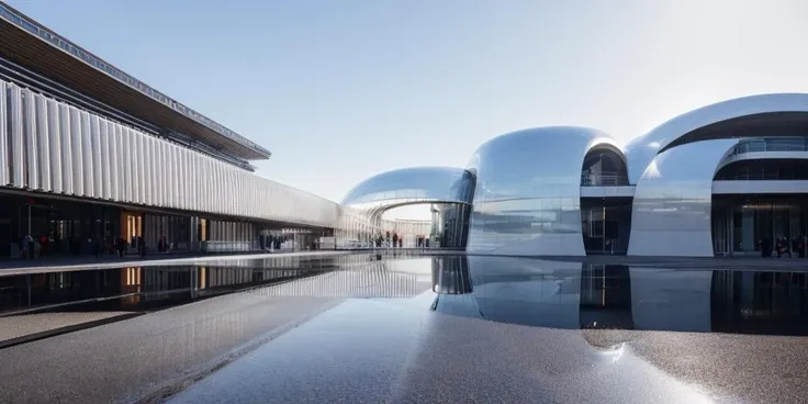 RAW photo, (avant garde building from outside), frontal elevation, curvilinear, white sky, (diffused light:1) <lora:MIR-v3:0.6> (translucent white glass), super reflective metal, biomorphic style, by Kengo Kuma, fog, (warm interior light:1), (open plaza with people), architecture photography, hyper realistic, super detailed, 8k, Nikon Z6 Mirrorless Camera, film grain
