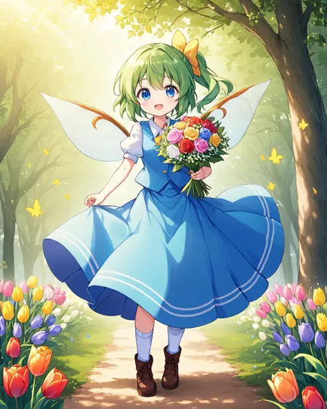 daiyousei,1girl, brown_footwear, solo, open_mouth, white_shirt, yellow_flower, puffy_short_sleeves, white_socks, yellow_bow, blue_vest, fairy_wings, hair_bow, rose, boots, blue_skirt, holding_bouquet, :d, full_body, red_flower, side_ponytail, purple_flower, tree, hair_flower, pink_flower, tulip, nature, blue_dress
<lora:daiyousei_image3166_2023-12-11-000010:1>,star-shaped_pupils,symbol-shaped_pupils,. gorgeous,key visual, vibrant, studio anime,award-winning, professional, highly detailed,high budget, cinemascope