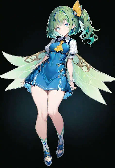 masterpiece, best quality, ultra-detailed, beautiful, nai3, 1girl, solo, full_body, tachi-e,
daiyousei, solo, 1girl, long_green_hair, blue_vest, wings, green_hair, side_ponytail, fairy_wings, short_hair, bow, blue_eyes, white_shirt, wings, green_eyes, ascot, green_hair, puffy_short_sleeves, blue_dress, yellow_ascot, blue_skirt, side_ponytail, yellow_ribbon,