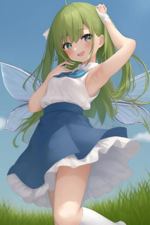 <lora:daiyousei_image3166_2023-12-11-000010:1>,1girl,:d,armpits,blue_skirt,blush,daiyousei,fairy_wings,grass,hand_on_own_face,one_side_up,outdoors,simple_background,smile,solo,solo_focus,white_background,white_socks,