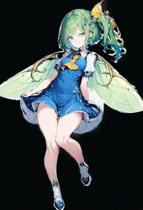 masterpiece, best quality, ultra-detailed, beautiful, nai3, 1girl, solo, full_body, tachi-e,
daiyousei, solo, 1girl, long_green_hair, blue_vest, wings, green_hair, side_ponytail, fairy_wings, short_hair, bow, blue_eyes, white_shirt, wings, green_eyes, ascot, green_hair, puffy_short_sleeves, blue_dress, yellow_ascot, blue_skirt, side_ponytail, yellow_ribbon,
