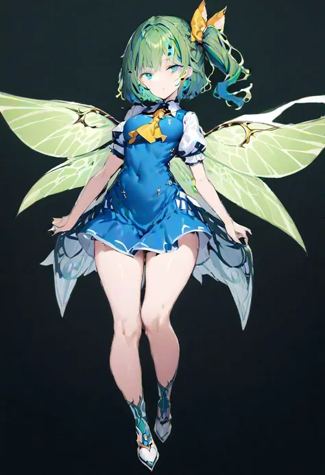 masterpiece, best quality, ultra-detailed, beautiful, nai3, 1girl, solo, full_body, tachi-e,
daiyousei, solo, 1girl, long_green_hair, blue_vest, wings, green_hair, side_ponytail, fairy_wings, short_hair, bow, blue_eyes, white_shirt, wings, green_eyes, ascot, green_hair, puffy_short_sleeves, blue_dress, yellow_ascot, blue_skirt, side_ponytail, yellow_ribbon,