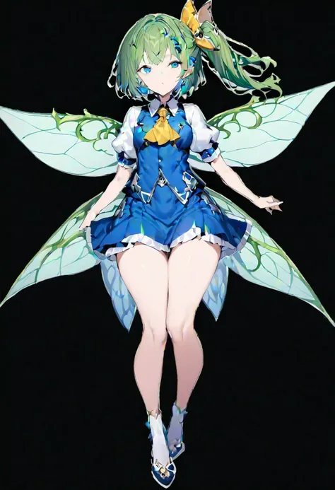 masterpiece, best quality, ultra-detailed, beautiful, nai3, 1girl, solo, full_body, tachi-e,
daiyousei, solo, 1girl, long_green_hair, blue_vest, wings, green_hair, side_ponytail, fairy_wings, short_hair, bow, blue_eyes, white_shirt, wings, green_eyes, ascot, green_hair, puffy_short_sleeves, blue_dress, yellow_ascot, blue_skirt, side_ponytail, yellow_ribbon,