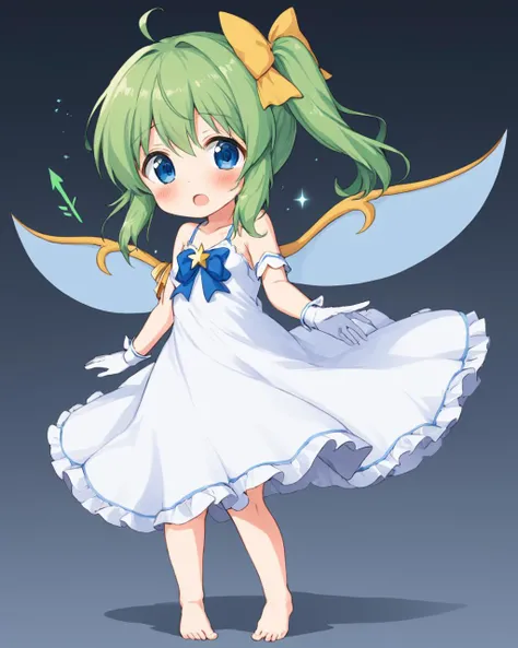 daiyousei,rei_no_himo, 1girl, cosplay, solo, arrow_\(symbol\), side_ponytail, blue_ribbon, blush, barefoot, open_mouth, white_gloves, hair_bow, flat_chest, white_dress, fairy_wings, flying_sweatdrops, clothing_cutout
<lora:daiyousei_image3166_2023-12-11-000010:1>,star-shaped_pupils,symbol-shaped_pupils,. gorgeous,key visual, vibrant, studio anime,award-winning, professional, highly detailed,high budget, cinemascope