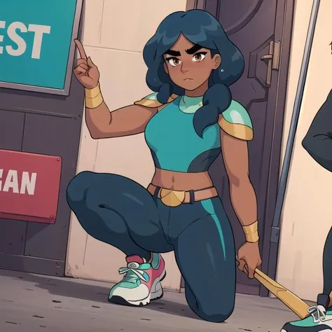 masterpiece, 8k HDR, hires, high resolution, best quality, (sharp focus), (solo), (1girl), <lora:Mermista:0.75> Mermista, black hair, brown eyes, shoulder armor, single braid, hair over one shoulder, leggings, dark skin, thick eyebrows, belt, midriff, sneakers