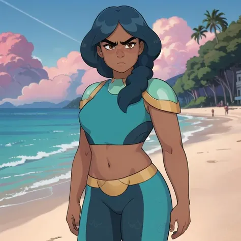 masterpiece, 8k HDR, hires, high resolution, best quality, (sharp focus), (solo), (1girl),   <lora:Mermista:0.75> Mermista, black hair, brown eyes, shoulder armor, single braid, hair over one shoulder, leggings, dark skin, thick eyebrows, midriff, standing,  looking grumpy, on the beach, crop top