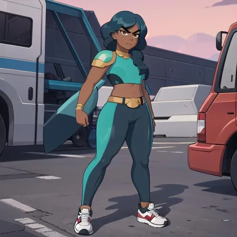 masterpiece, 8k HDR, hires, high resolution, best quality, (sharp focus), (solo), (1girl), <lora:Mermista:0.75> Mermista, black hair, brown eyes, shoulder armor, single braid, hair over one shoulder, leggings, dark skin, thick eyebrows, belt, midriff, standing, sneakers, looking grumpy