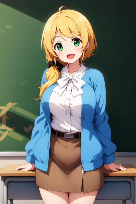 1girl, cowboy shot, classroom, smile, (teacher:1.4), open mouth, 
ellen_baker, green eyes, blonde hair, long hair, hair scrunchie, jacket, white shirt, skirt <lora:Ellen_Baker_lora_ver1:0.7>, best quality, masterpiece, highres, <lora:GoodHands-vanilla:1>