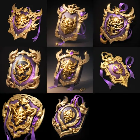 (masterpiece, top quality, best quality, official art, beautiful and aesthetic:1.2),(8k, best quality, masterpiece:1.2),
game icon,A Chinese style token, Moire, Chinese style, writing, carving, pendant a gold and purple shield with a purple ribbon around it and a gold crown on top of it, with a purple ribbon around it, letterboxed, transparent_background, black_background, pillarboxed, black_border, 
 <lora:GameIconResearch_card_Lora:0.6>