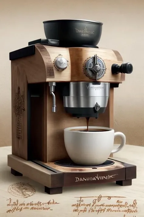 <lora:DaVinciSketch:1> davincisketch of a complicated wooden coffee machine with a handwritten text