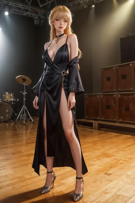 highres,absurdres,masterpiece,best quality,original,extremely detailed CG,extremely detailed wallpaper,perfect lighting,looking at viewer,bare hands,standing on stage,1girl,blurry background,
<lora:éªçµ:0.6>, ots-14 \\\(girls' frontline\\\),blonde hair,long hair,yellow eyes,bare shoulders,bangs,cleavage,dress,official alternate costume,jewelry,black dress,collarbone,
