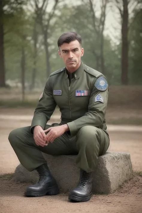 RAW photo, absurdres, high quality, photorealistic, sharp focus, airforce_uniform, portrait of a man wearing an air force uniform, looking at viewer, upper body, pants, boots, sitting, outdoors, sunlight, photo realism, ultra-detailed, 50mm, f1. 4, 8k uhd, film grain, <lora:airforce:1>