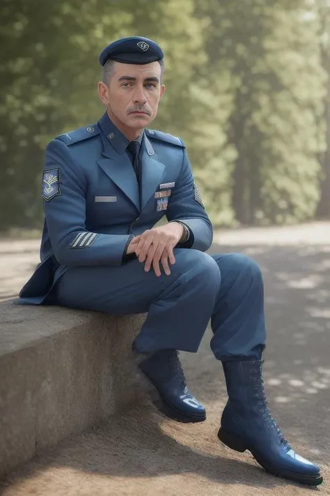 RAW photo, absurdres, high quality, photorealistic, sharp focus, airforce_uniform, portrait of a man wearing a blue air force uniform, looking at viewer, upper body, pants, boots, sitting, outdoors, sunlight, photo realism, ultra-detailed, 50mm, f1. 4, 8k uhd, film grain, <lora:airforce:1>