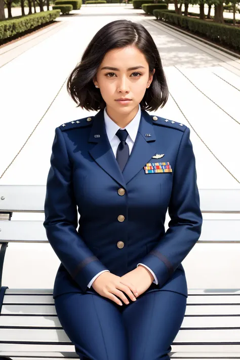 RAW photo, absurdres, high quality, photorealistic, sharp focus, airforce_uniform,
a woman wearing an air force uniform, looking at viewer, sitting,
park, bench, outdoors, sunlight,
photo realism, ultra-detailed, 50mm, f1. 4, 8k uhd, film grain,
<lora:airforce_V2:1>