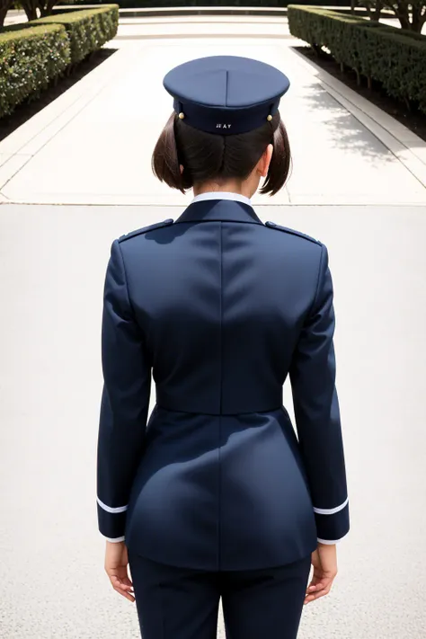 RAW photo, absurdres, high quality, photorealistic, sharp focus, airforce_uniform,
a woman wearing an air force uniform, looking at viewer, standing, from behind, service cap,
park, bench, outdoors, sunlight,
photo realism, ultra-detailed, 50mm, f1. 4, 8k uhd, film grain,
<lora:airforce_V2:1>