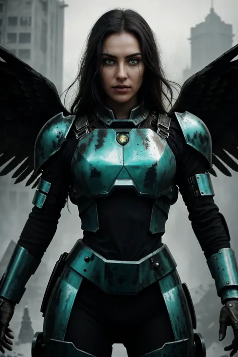 stunning natural apocalyptic black&white portrait, (sfw) [1girl:<lora:GNU:0.6> JasmineSibelTI a girl:0.0], detailed skin, realistic skin, a angry apocalyptic battle angel wearing damaged corroded chrome bio-mechanical battle angel's plugsuit, (corroded chrome heavy eyes:1.4), corroded chrome magnetic headgear, corroded chrome heavy body armor, corroded chrome gauntlets, corroded chrome shoulder armor, corroded chrome leg armor, corroded chrome robotic parts, heroic, bold and resolute, looking at the viewer, (from below:0.6), clockwork bracelets, on the apocalyptic clockwork bridge of a spacecraft, blinkenlights, dynamic pose, clockwork islamic green fog, apocalyptic scene with robotic chic, black&white raw photo, epic character composition, sharp focus, subsurface scattering, f2, 35mm, film grain
