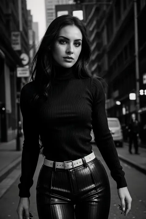 stunning candid high fashion gritty black&white photo, (sfw) [1girl:<lora:GNU:0.6> JasmineSibelTI a girl:0.0], detailed skin, realistic skin, as a aggresive teacher wearing high fashion (tight high-waisted striped pleated pants) and (tight ribbed turtleneck sweater), bold and resolute, looking at the viewer, (from below:0.6), modern jewelry, on a psychedelic high fashion horror street, night, city lights, creepypasta, moody atmosphere, kitsch, action pose, modern grindhouse aesthetic, plastic fantastic, gritty black&white raw photo, epic character composition, sharp focus, subsurface scattering, f2, 35mm, film grain