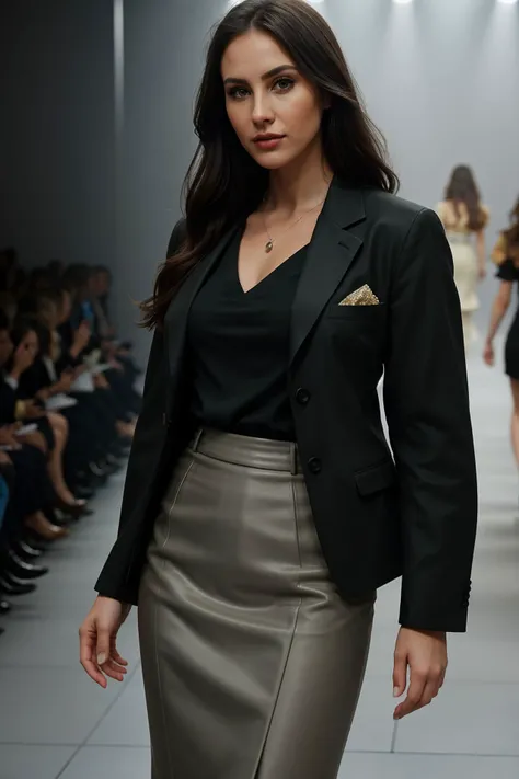 stunning authentic high fashion muted color photo, (sfw) [1girl:<lora:GNU:0.6> JasmineSibelTI a girl:0.0], detailed skin, realistic skin, street fashion, as a ecstatic businesswoman wearing a high fashion stylish business suit with twill jacket, blouse  and pencil skirt, on the runway of a high fashion fashion show, fog, spotlights, action pose, gritty and realistic, muted color raw photo, epic character composition, sharp focus, subsurface scattering, f2, 35mm, film grain