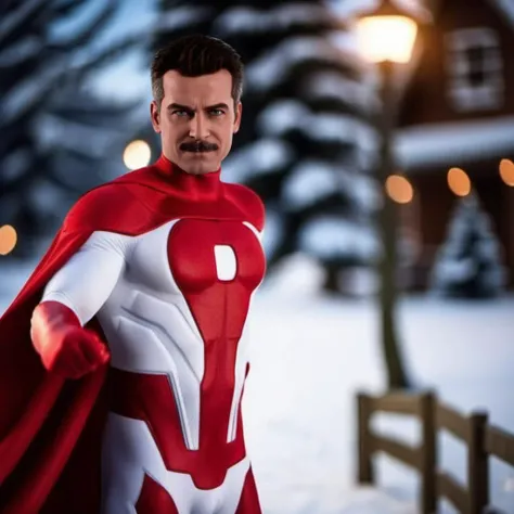 Omniman1024, a man dressed as a superhero with a red cape, full body, smile, Santa's sleigh, christmas lights, christmas tree, christmas senery, gifts, smile, detailed eyes, highly detailed, photography, ultra sharp, film, bokeh, professional, 4k <lora:Omniman1024:0.8> <lora:add-detail-xl:2>