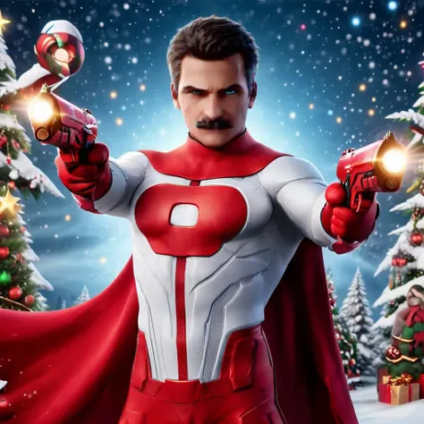 Omniman1024, a man with a moustache dressed as a white superhero with a red cape, floating in the air in front of christmas trees,  gift, "Think Santa", christmas lights, christmas senery, detailed eyes, highly detailed, photography, ultra sharp, film, bokeh, professional, 4k <lora:Omniman1024:0.8> <lora:add-detail-xl:2>,wielding dual pistols <lora:XL_Weapon_Dual_Pistols_-_By_HailoKnight:0.8> dual pistols