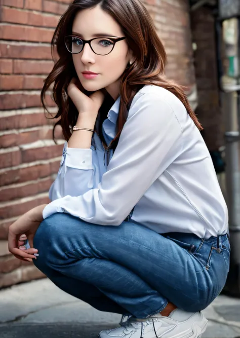 <lora:Erin_M:1>
photo of beautiful (Erin_M), ((ultra detailed, masterpiece, best quality)), sfw, best quality, ultra high res, ultra detailed face and eyes, (photorealistic:1.4), 1girl,
glasses, white collared shirt, jeans, sneakers, looking at viewer, serious, squatting, outside, city, alley way, high quality, masterpiece, (extremely detailed skin), (flawless skin), (model pose), (natural light), (high quality photography), (intricate details), (8k), (HDR), (sharp focus)