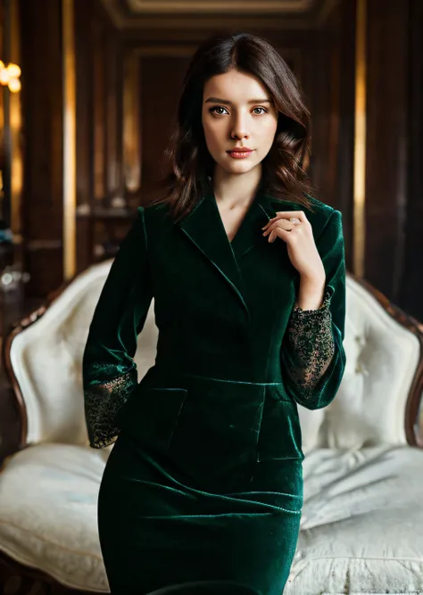 photo of diorab:0.99, a woman, ((short hair, dark brown hair, fifties hair, fancy hair, 50s pinup hair))((cowboy shot, waist, hips, thighs):1.1), ((living room, vacuum, sofa):1.3),((lipstick, eyeliner, eye shadow)), ((classy clothing, turtleneck sweater dress, fifties dress, 50s pinup dress, fully clothed)) ((choker)), ((best quality, masterpiece, extreme details):1.2), ((beautiful eyes, detailed eyes, detailed face, beautiful face):1.2), straight-on,upper body,looking at viewer, surprised
