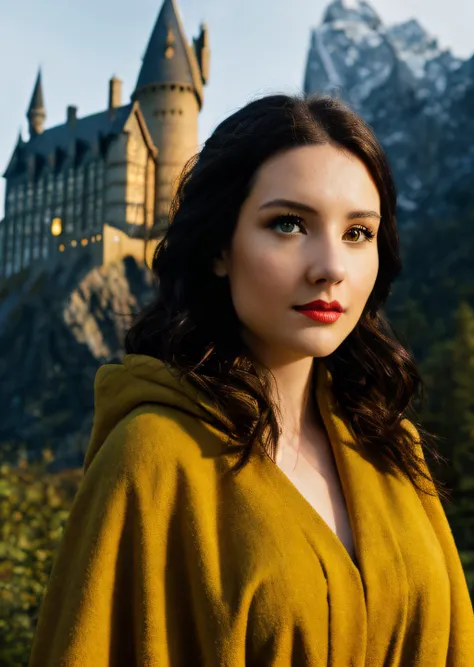<lora:Erin_M:1>,
photo of beautiful (Erin_M), ((ultra detailed, masterpiece, best quality)), sfw , best quality, ultra high res, ultra detailed face and eyes, (photorealistic:1.4), 1woman, brown eyes, dark hair
(hufflepuff House Cloak),( inner cloak yellow:1), (outer cloack black:1), looking at viewer, upper body,red lips, parted lips, exterior forest and mountains, castle,hogwarts castle:1, dramatic shadows, an extremely delicate and beautiful, dynamic angle, cinematic camera, dynamic pose,depth of field,chromatic aberration,backlighting, (extremely detailed skin), (flawless skin), (model pose), (natural light), (high quality photography), (intricate details), (8k), (HDR), (sharp focus)