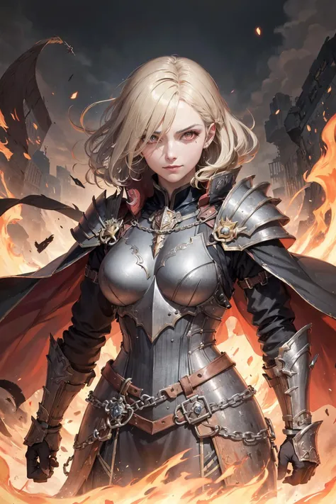 absurdres, highres, (official art, beautiful and aesthetic:1.2),
1 girl, adult ancient greek woman, brown eyes, platinum blonde wedge cut hair,
portrait, solo, (full body:0.6), detailed background, detailed face, (militarist authoritarian dictatorship theme:1.1), (glowing eyes:1.05), sinister smirk, dark warrior, betrayer, black clothes, chained armor, cape, evil royal thorned crown, dynamic pose, monsters in background, <lora:style_FirevfxCreateMore_v2:0.4>, flames in background, misty dark sinister atmosphere, stormclouds,