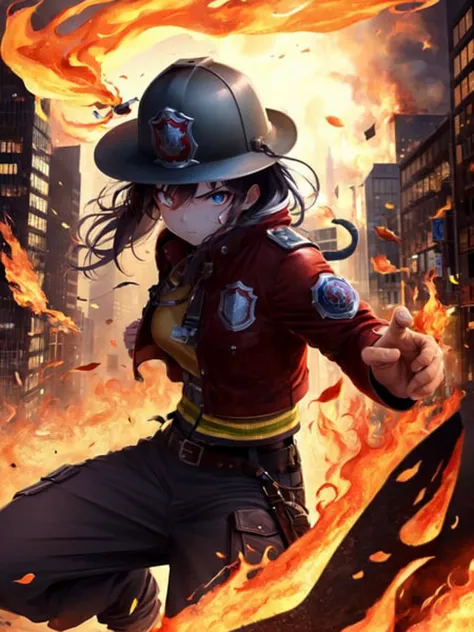 (masterpiece, finely detailed beautiful eyes: 1.2), ultra-detailed, illustration, detailed background, <lora:Fire_VFX-000010:0.6>, 1girl, red firefighter jacket, cargo pants, firefighter helmet, pyrokinesis, fighting stance, glowing eyes, arround fire, city background, dynamic pose, serious face,
