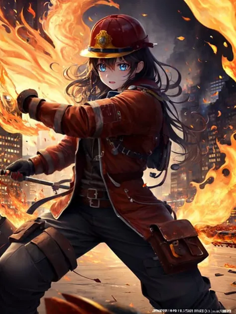 (masterpiece, finely detailed beautiful eyes: 1.2), ultra-detailed, illustration, detailed background, <lora:Fire_VFX-000010:0.6>, 1girl, red firefighter jacket, cargo pants, firefighter helmet, pyrokinesis, fighting stance, glowing eyes, arround fire, city background, dynamic pose, serious face,