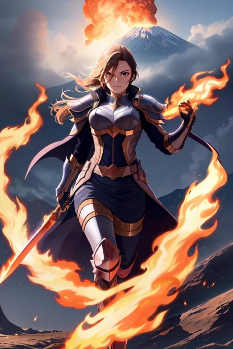 <lora:FireVFX:0.5> Masterpiece, best quality, 1girl, holding a flaming sword with both hands, her eyes glowing with intensity. She wears a suit of armor made of shining metal, with flames licking at the edges. In the background, you can see a towering volcano, spewing molten lava into the sky