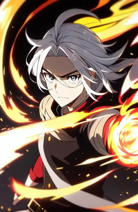 <lora:FireVFX:0.5> <lora:iridescent_hair:0.6> 1man, white hair, a fireball about to be released, magic spell, circle magic,