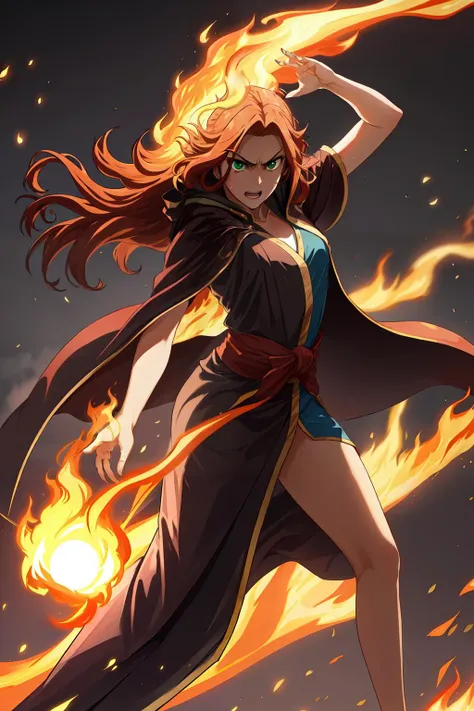 <lora:FireVFX:0.5> Masterpiece, best quality, 1girl, with long, flowing orange hair and vibrant green eyes, dressed in a dark robe, throwing a ball of fire with both hands in a dramatic pose, against a fiery background