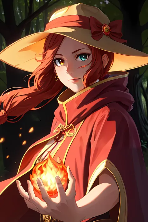 <lora:FireVFX:0.5> Masterpiece, best quality, 1girl, with long curly orange hair, wearing a red cloak with gold accents and a matching hat adorned with a ruby, holding a glowing fireball in her hand. The flames dance around her, casting a warm glow on her face and illuminating the dark forest behind her