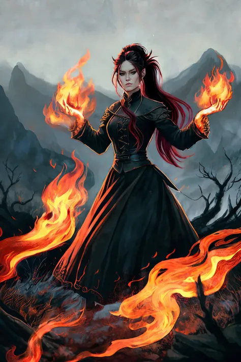 <lora:firevfxCreateMore_v1:0.3>, full shot, dawnm1 with crimson hair ponytail in black clothes, holding fire in one hand, surrounded by flames, detailed body, detailed hands, grim forest and mountains in background, D&D, fantasy, intricate, elegant, highly detailed, artstation, concept art, matte, sharp focus, chromatic aberration, depth of field, soft lighting, art