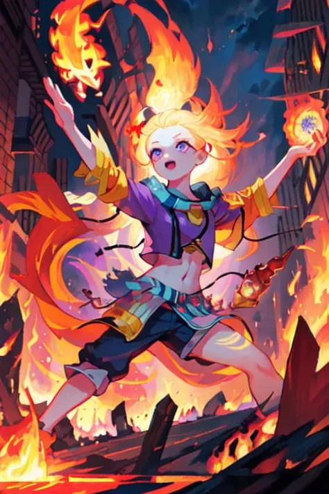 ((masterpiece)), best quality, (ultra-detailed:1.2), ((illustration)),
forehead,blue and purple eyes,
, 1girl, pyrokinesis, open hand, hand up, centered character, fighting stance, city background,Fireball being thrown,(fire magic:1.3),fighting stance, arround fire,(fire:1.3),(fireball:1.3)