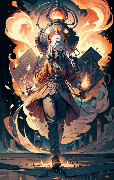 ((view from afar)) best quality, masterpiece, high quality, 8k, beautiful lighting, orange sky, beautiful detailed, 1man, firefighter black suit, gas mask, fire, flamethrower, burning books, fire city, red eyes,
<lora:add_detail:1> <lora:Fire_VFX:1>